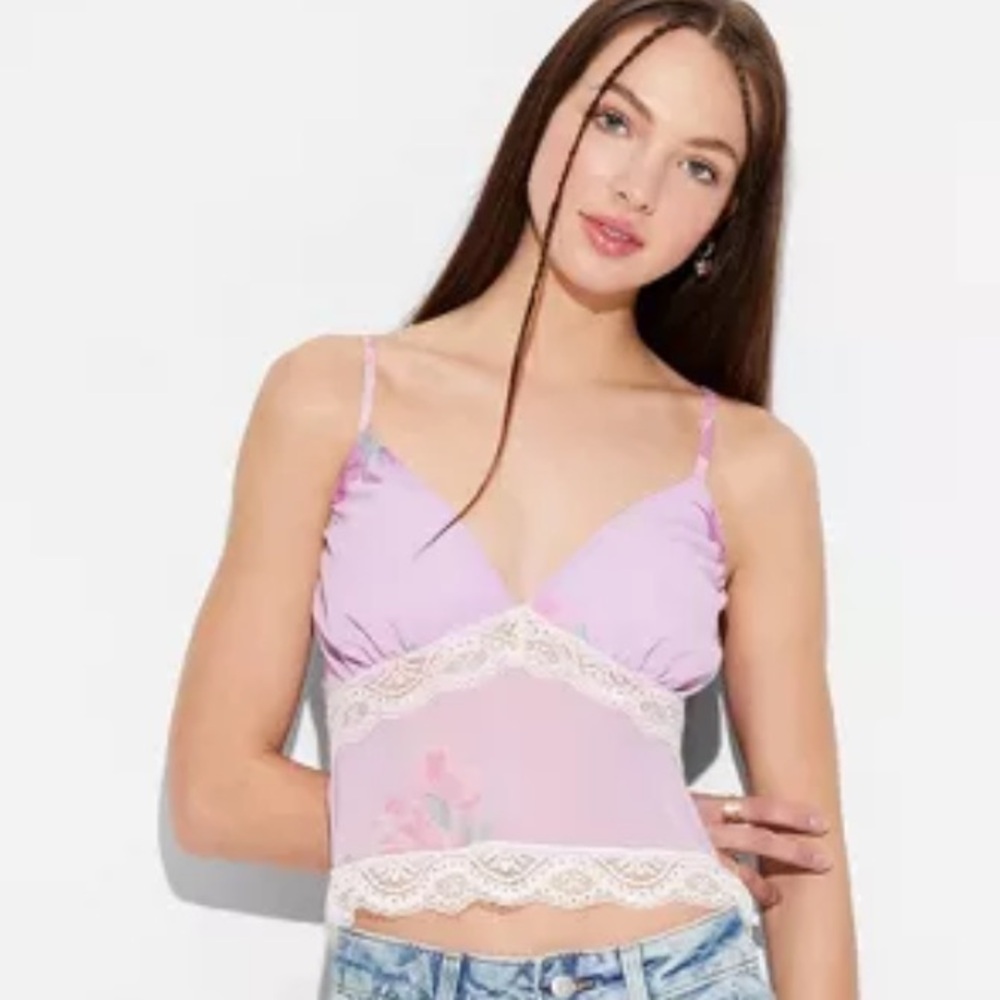 Wild Fable Pink Floral Lace Trim Tank Top Cami